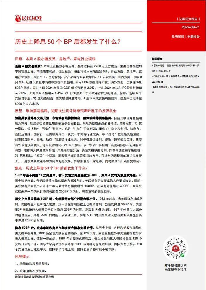 《长江证券：历史上降息50个bp后都发生了什么》| 附下载